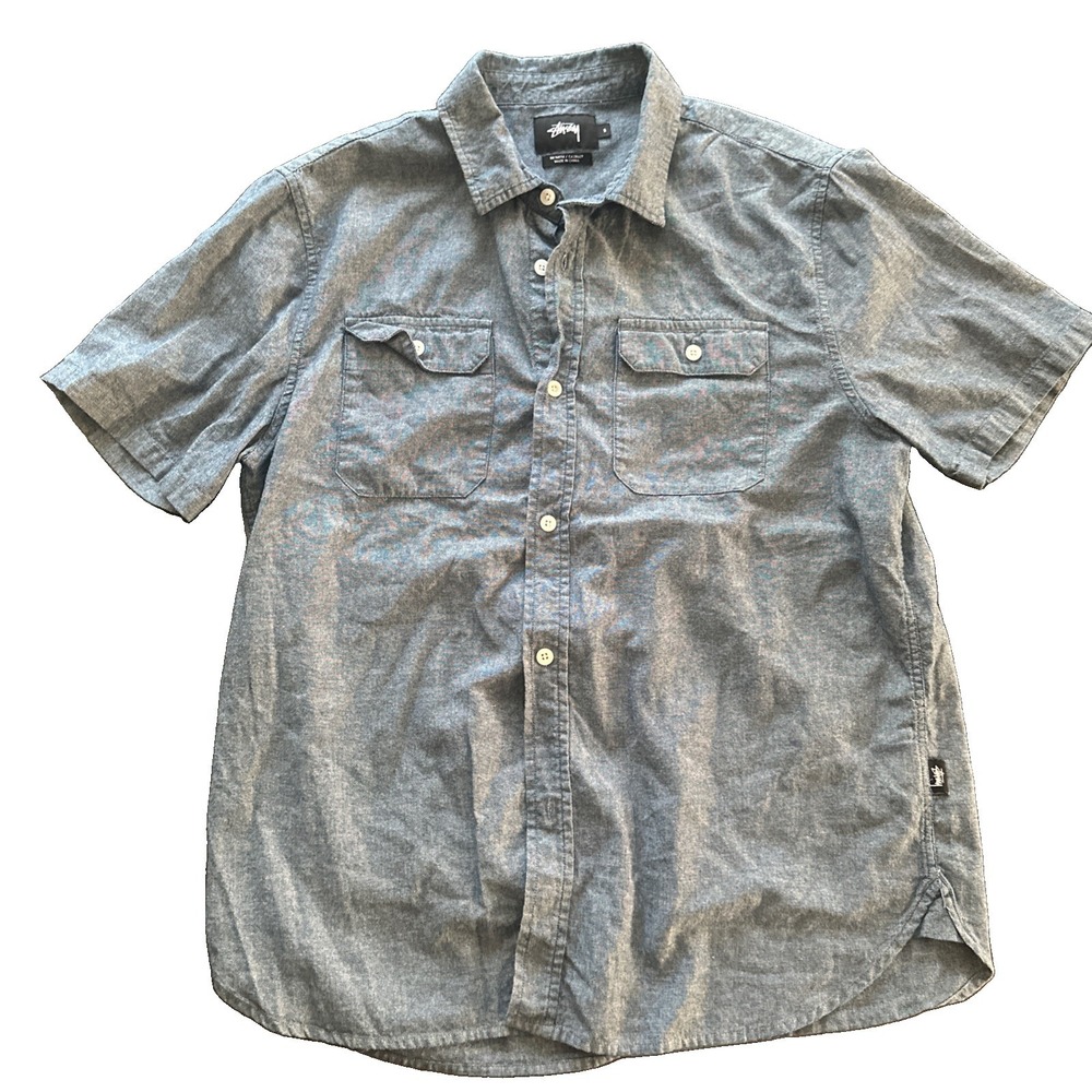 Stussy Shirt Mens S Blue Denim Chambray Dip Dye Ombre Short Sleeve Button Down